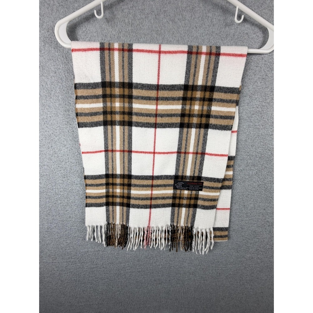 Cashmere Feel Scarf Womens One Size‎ White Plaid Fringe Acrylic Neck Warmer